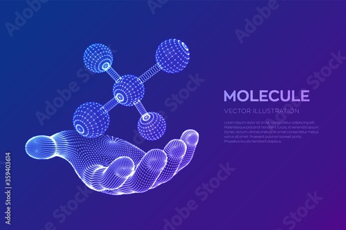 Molecule in hand. Dna, atom, neurons. Molecules and chemical formulas. 3D Scientific molecule background for medicine, science, technology, chemistry, biology. Vector illustration.