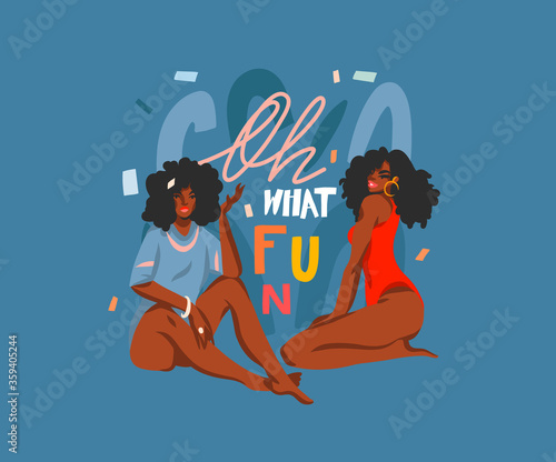 Hand drawn vector abstract stock flat graphic illustration with young happy african american beauty females group,and Oh whant fun handwritten lettering isolated on color collage shape background © anastasy_helter