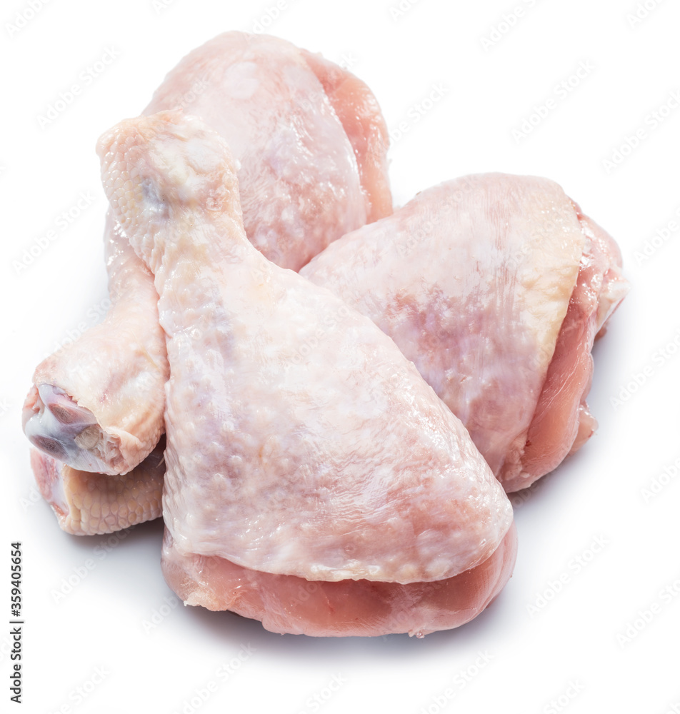 Raw chicken legs on white background.