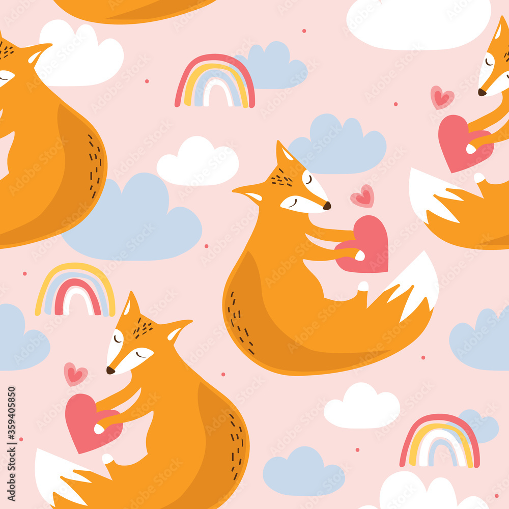 Plakat Foxes, hearts, rainbow, hand drawn backdrop. Colorful seamless pattern with animals, clouds. Decorative cute wallpaper, good for printing. Overlapping colored background vector. Design illustration