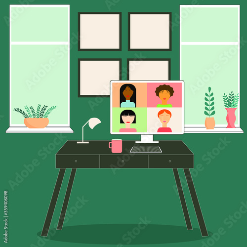 Illustration flat design concept video conference. Online meeting work from home. Vector illustration.