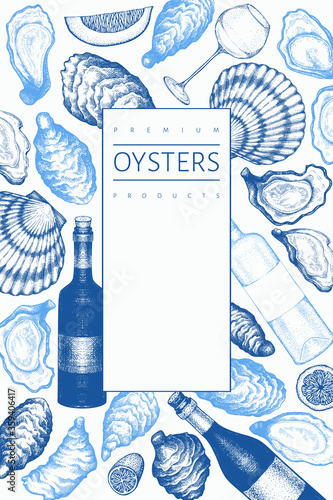 Oysters design template. Hand drawn vector illustration. Seafood banner. Can be used for design menu, packaging, fish market, seafood products.