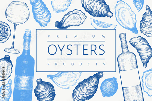 Oysters design template. Hand drawn vector illustration. Seafood banner. Can be used for design menu, packaging, fish market, seafood products.