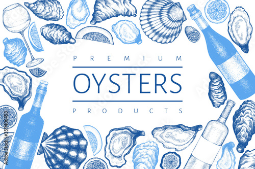 Oysters design template. Hand drawn vector illustration. Seafood banner. Can be used for design menu, packaging, fish market, seafood products.