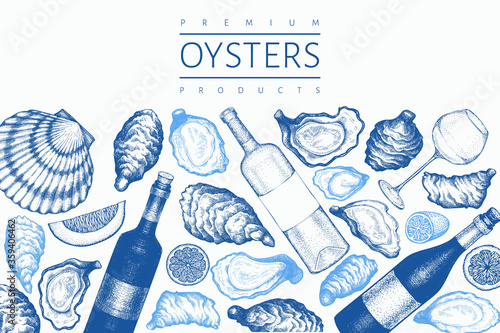 Oysters design template. Hand drawn vector illustration. Seafood banner. Can be used for design menu, packaging, fish market, seafood products.