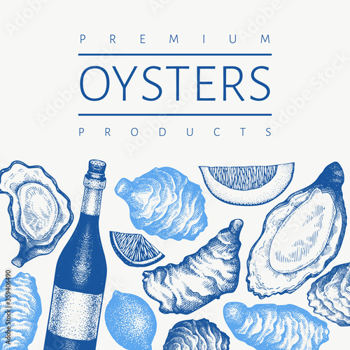 Oysters design template. Hand drawn vector illustration. Seafood banner. Can be used for design menu, packaging, fish market, seafood products.
