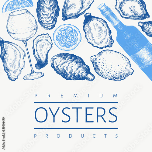 Oysters design template. Hand drawn vector illustration. Seafood banner. Can be used for design menu, packaging, fish market, seafood products.