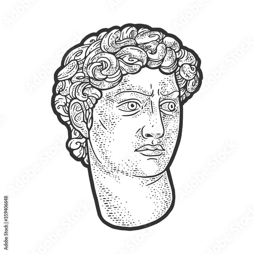 head of David statue sketch engraving vector illustration. T-shirt apparel print design. Scratch board imitation. Black and white hand drawn image.