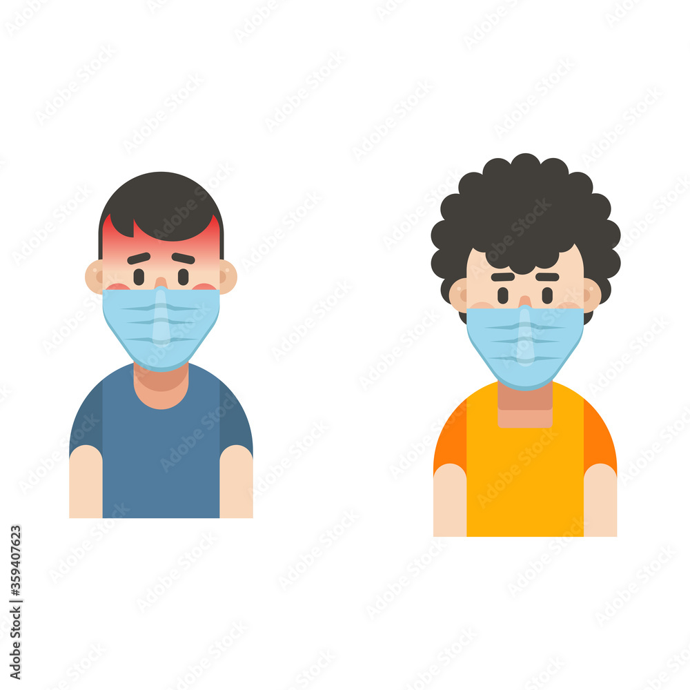 Sick and healthy man wearing a medical mask, two man character, man vector illustration, medical consept, isolated on white background