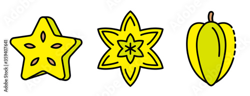 Carambola icons set. Outline set of carambola vector icons thin line color flat on white