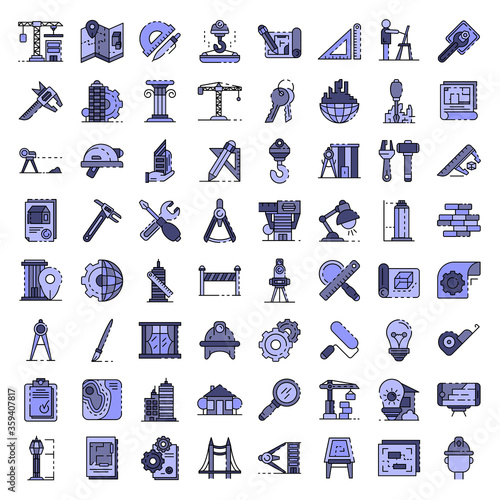 Architect equipment icons set. Outline set of architect equipment vector icons thin line color flat on white
