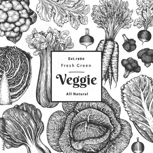 Hand drawn sketch vegetables design. Organic fresh food vector banner template. Vintage vegetable background. Engraved style botanical illustrations.