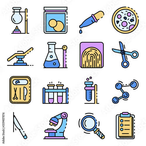 Forensic laboratory icons. Illustration of forensic laboratory vector icons thin line color flat on white