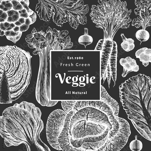 Hand drawn sketch vegetables design. Organic fresh food vector banner template. Vintage vegetable background. Engraved style botanical illustrations on chalk board.