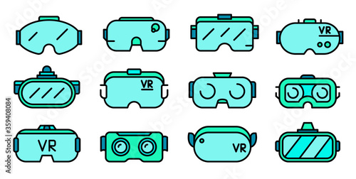 Game goggles icons set. Outline set of game goggles vector icons thin line color flat on white