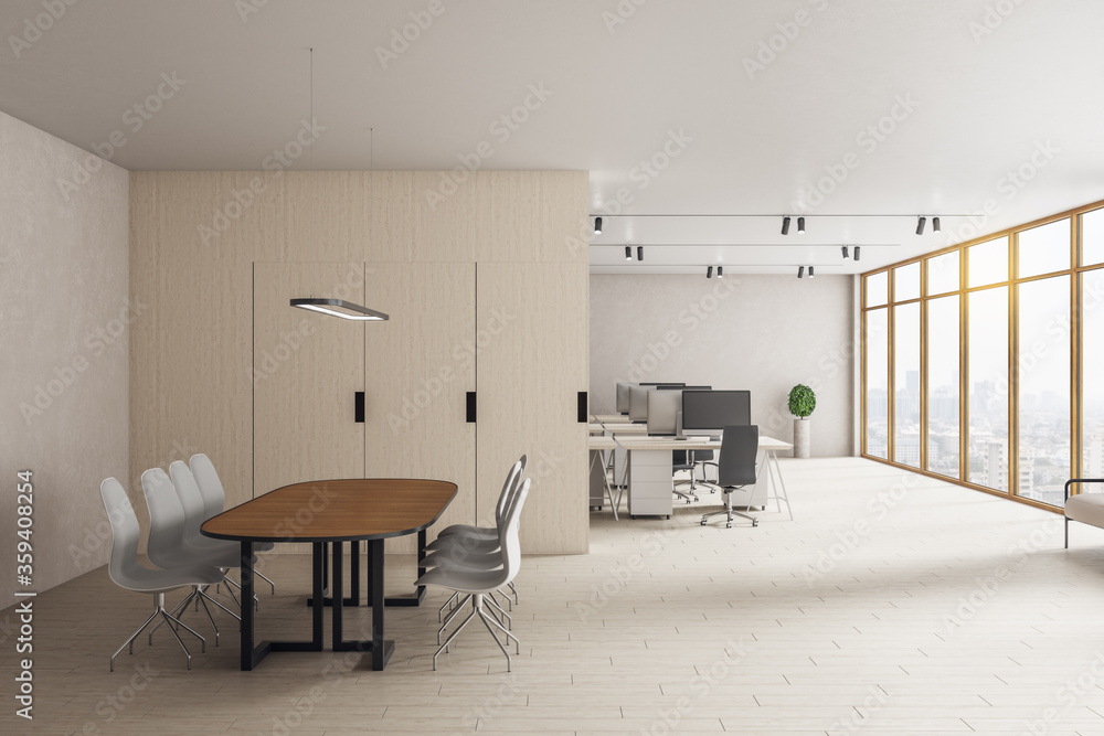Obraz premium Modern coworking loft office room with computers