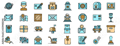 Postman icons set. Outline set of postman vector icons thin line color flat on white
