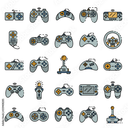 Joystick icons set. Outline set of joystick vector icons thin line color flat on white