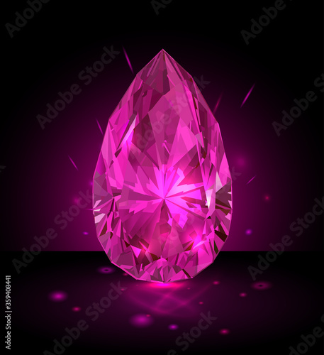 Beautiful pink gemstone in the shape of a drop isolated on a black background. Vector illustration.