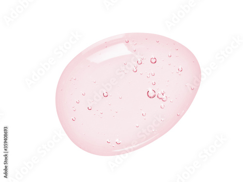  Hyaluronic acid serum texture. Pink liquid gel drop isolated on white. Cosmetic face skincare product with bubbles closeup