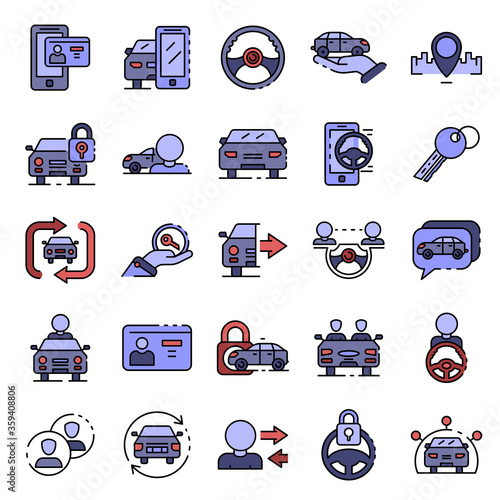 Car sharing icons set. Outline set of car sharing vector icons thin line color flat on white