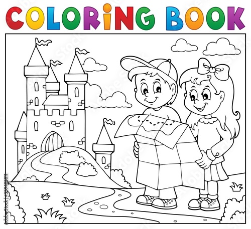 Coloring book children holding map 2