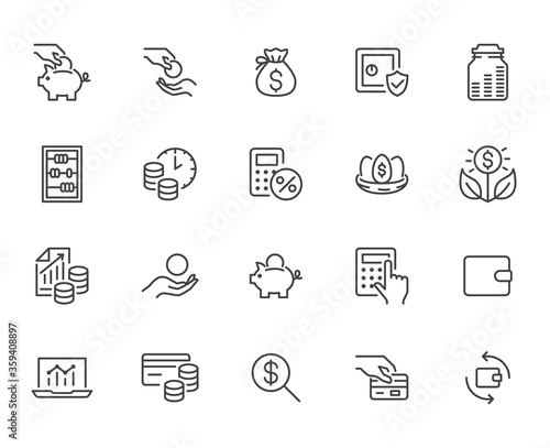 Money income line icon set. Pension fund, profit growth, piggy bank, finance capital minimal vector illustration. Simple outline signs for investment application. Pixel Perfect, Editable Strokes