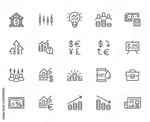 Investment line icon set. Stock market, bond, financial analysis, broker, income increase minimal vector illustration. Simple outline signs investor application. Pixel Perfect. Editable Strokes