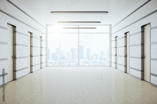 Contemporary office corridor with panoramic city view