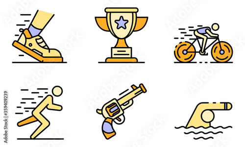 Triathlon icons set. Outline set of triathlon vector icons thin line color flat on white