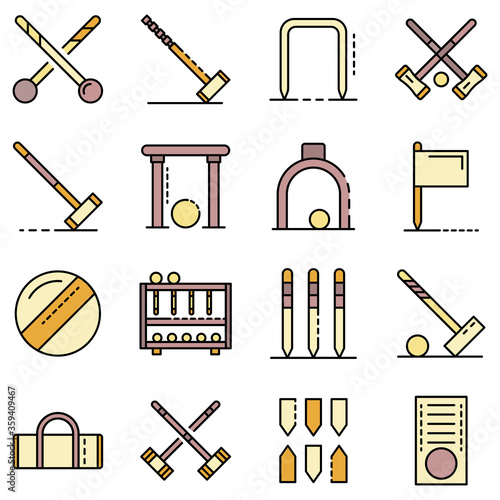 Croquet icons set. Outline set of croquet vector icons thin line color flat on white