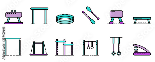 Gymnastics equipment icons set. Outline set of gymnastics equipment vector icons thin line color flat on white