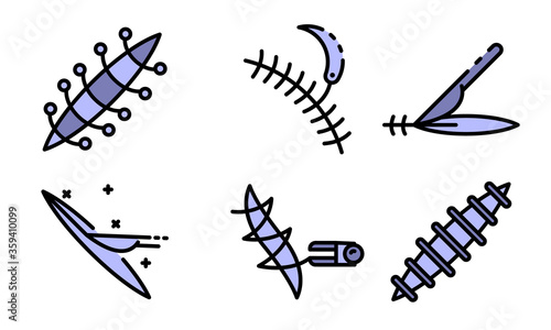 Suture icons set. Outline set of suture vector icons thin line color flat on white