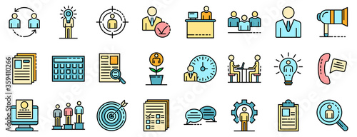 Recruitment icons set. Outline set of recruitment vector icons thin line color flat on white