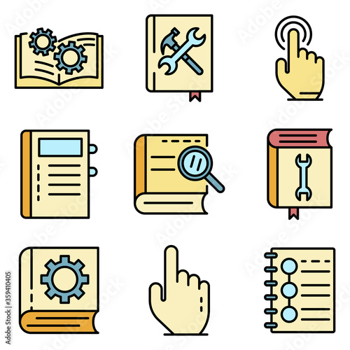 User guide icons set. Outline set of user guide vector icons thin line color flat on white