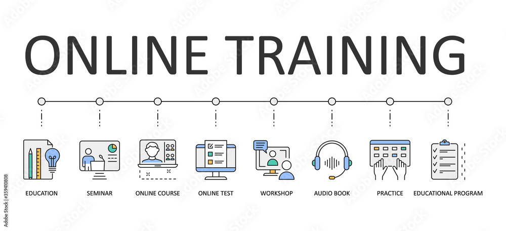 Online training web banner infographics. Editable Stroke Vector Icons. Audio book educational program. Workshop online course test seminar education practice Online training web banner infographics. Editable Stroke Vector Icons. Audio book educational program. Workshop online course test seminar education practice
