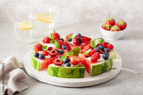 watermelon pizza slices with yogurt and berries  summer dessert