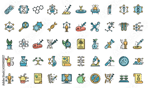 Genetic engineering icons set. Outline set of genetic engineering vector icons thin line color flat on white