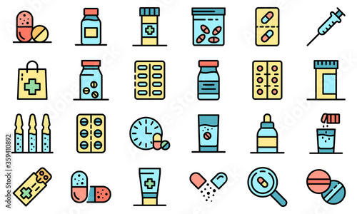 Antibiotic icons set. Outline set of antibiotic vector icons thin line color flat on white