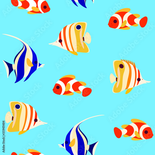 Simple trendy seamless pattern with coral fish - clown fish, butterfly fish and moorish idol fish. Flat vector illustration.
