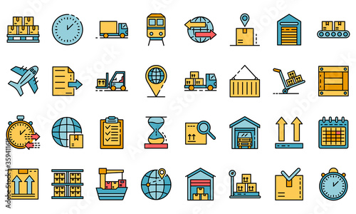 Goods export icons set. Outline set of goods export vector icons thin line color flat on white