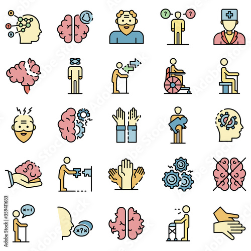 Alzheimers disease icons set. Outline set of alzheimers disease vector icons thin line color flat on white
