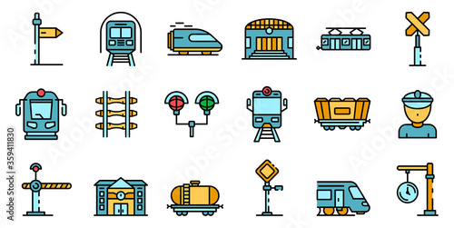 Railway station icons set. Outline set of railway station vector icons thin line color flat on white