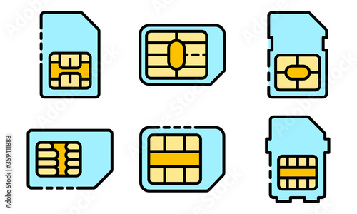 Sim phone card icons set. Outline set of sim phone card vector icons thin line color flat on white