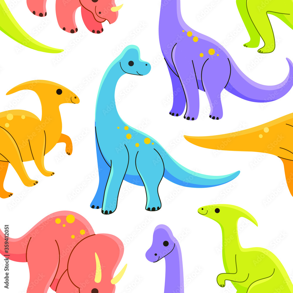 Cartoon dinosaur - seamless trendy pattern with ceratops, parasaurolophus, brachiosaurus,  stegosaurus. Flat vector illustration on white background.