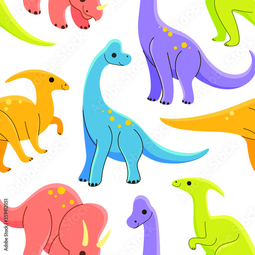 Cartoon dinosaur - seamless trendy pattern with ceratops  parasaurolophus  brachiosaurus   stegosaurus. Flat vector illustration on white background.