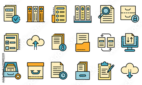 Archive icons set. Outline set of archive vector icons thin line color flat on white