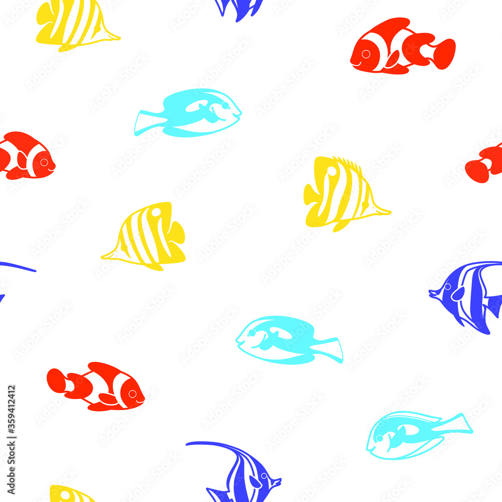Simple trendy seamless pattern with coral fish - clown fish, butterfly fish, fish surgeon. Flat vector illustration. Simple trendy seamless pattern with coral fish - clown fish, butterfly fish, fish surgeon. Flat vector illustration.