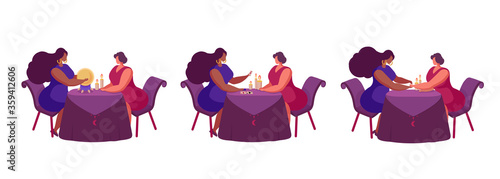 Mystical illustration showing fortune telling on a crystal ball, fortune telling on cards, palmistry. The fortuneteller predicts the future of a woman at the table. Attributes of occultism and magic