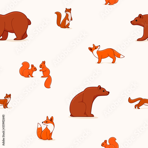 Seamless trendy animal pattern with fox, bear, squirrel and marten. Cartoon vector illustration.